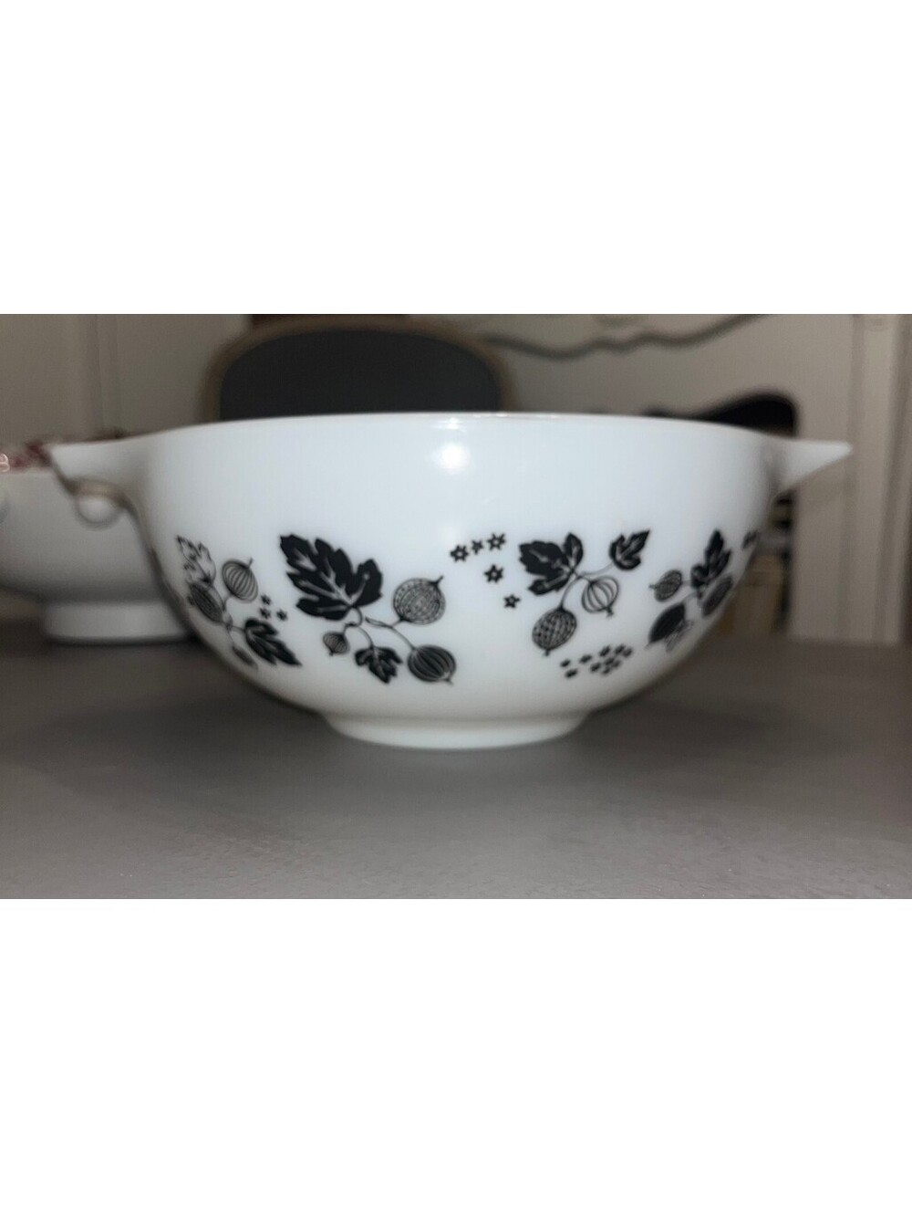 Vintage Pyrex Milk Glass Mixing Bowl with Black Gooseberry Pattern